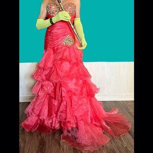 Mac Duggal Beaded Gown Vivid Melon/Pink Ruffled Strapless Sz 8